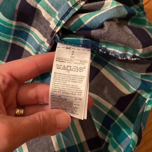 Navy blue, green, white plaid GAP ruffle neck blouse shirt with buttons - Picture 7 of 8